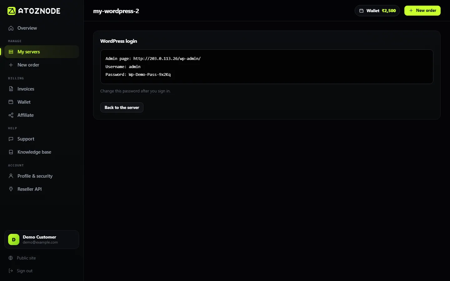 The app login after pressing Show app login. This is a made-up password from a demo account.