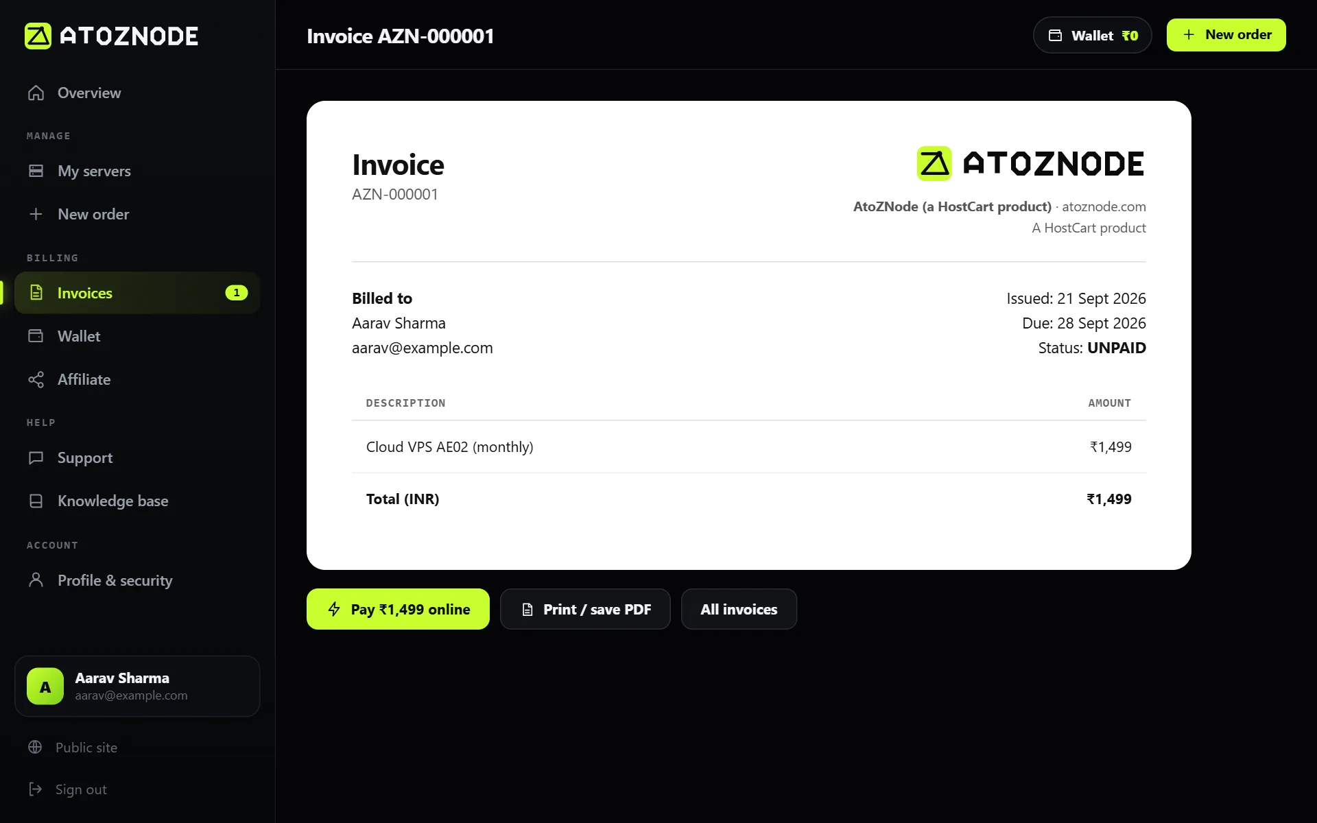 An invoice with the amount, status and payment buttons.