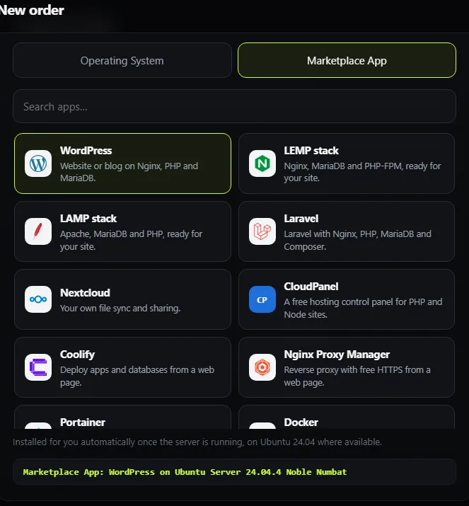 The Marketplace App tab. WordPress is selected and the summary shows the operating system it will run on.
