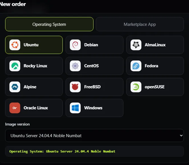 The Operating System tab: choose a family, then a version.