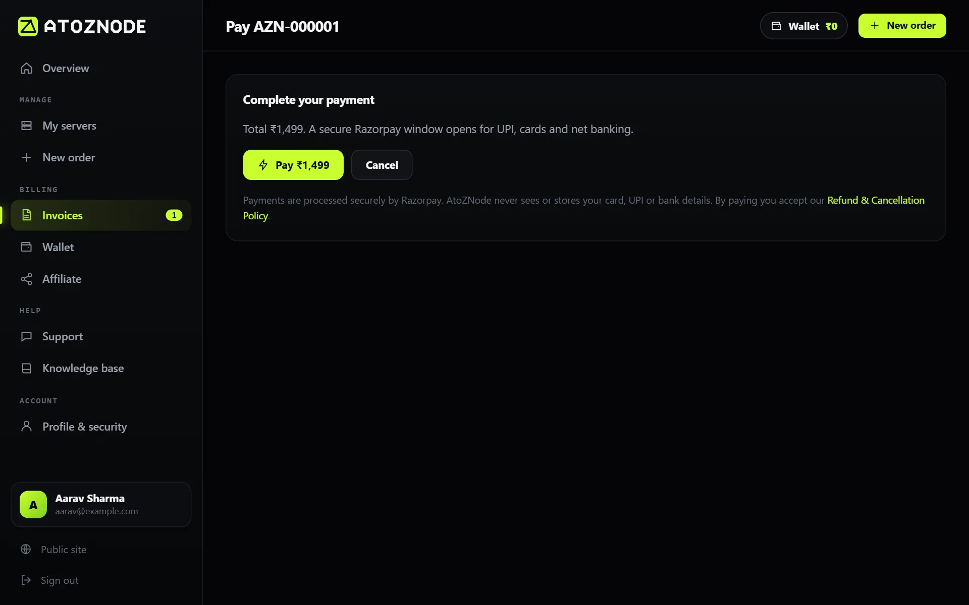 The payment page. The Pay button opens the Razorpay window.