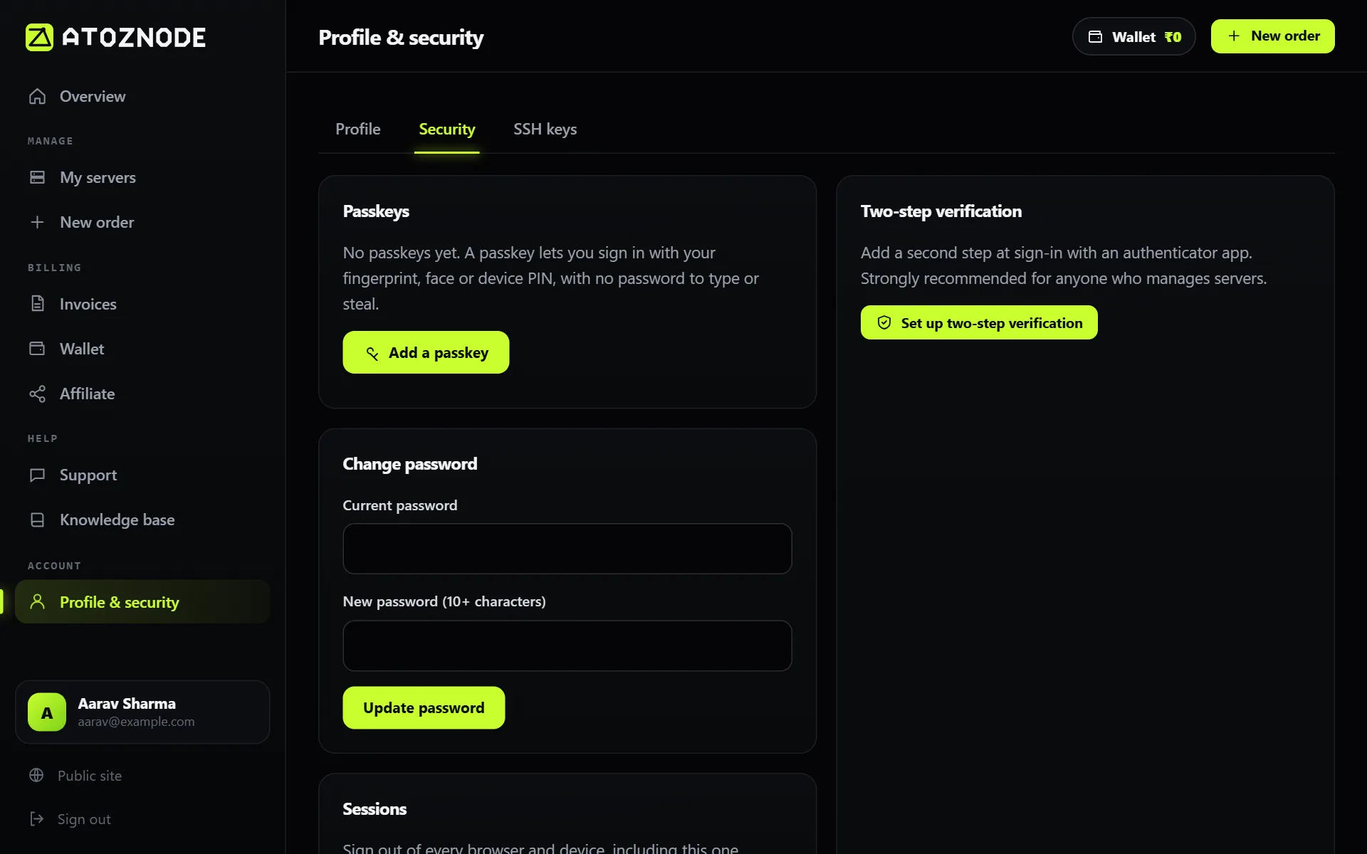 The Security tab, with passkeys, password and two-step verification.