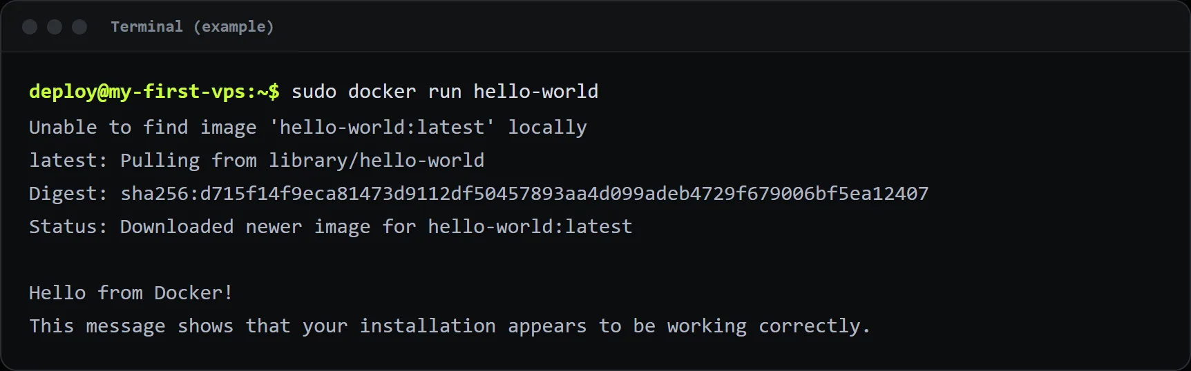 Example output: Docker downloads a tiny image and runs it.