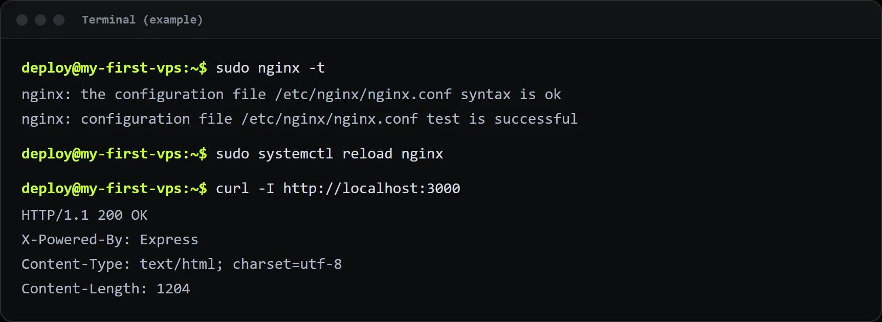 Example output: the configuration test passes and the app answers locally.