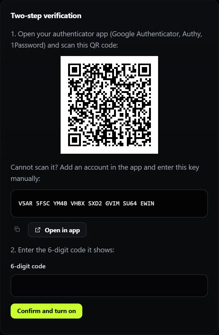 The setup page. The QR code and key here are for a demo account.