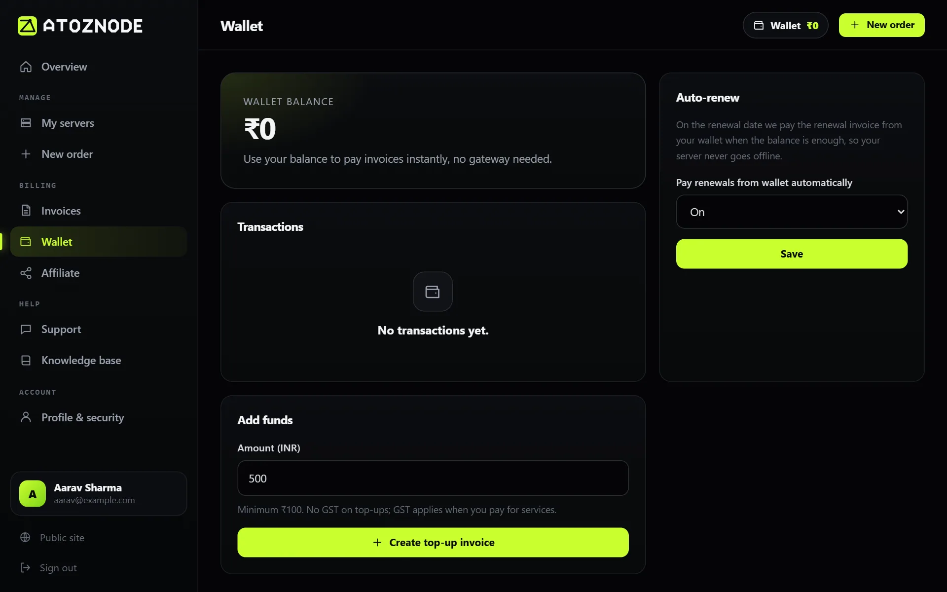 The wallet shows your balance, past transactions and the add-funds form.